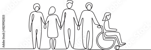 Group of people hold hands. Friends together with disabled. One continuous line drawing vector illustration. one line Icon drawing