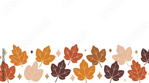 “Autumn leaves border illustration with warm seasonal colors, falling leaf pattern in orange, brown and beige tones, decorative fall design for invitations, greeting cards, banners and seasonal 