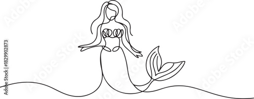 continuous one line drawing of a mermaid fairytale vector illustration. one line Icon drawing