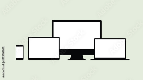 A simple illustration of a desktop computer, laptop, tablet, and smartphone on a light background