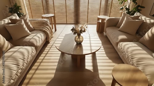 A serene and inviting living room bathed in warm sunlight, featuring plush beige sofas, a minimalist coffee table with a vase of flowers, and abstract wall art.