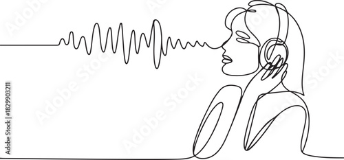 continuous line drawing of Woman listening to music. headphones musical sound wave vector. one line Icon drawing