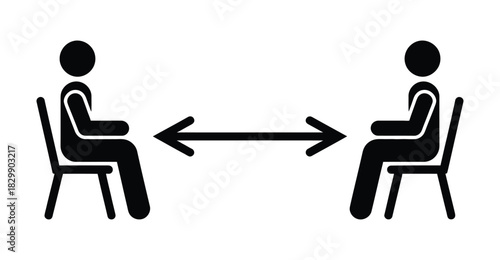  “Social distancing seating icon showing two people sitting apart with arrows indicating safe distance, minimal black silhouette symbol for public safety, health guidelines, and pandemic awareness sig