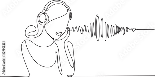 continuous line drawing of Woman listening to music. headphones musical sound wave vector. one line Icon drawing