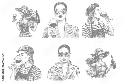 holding wine glass an young woman isolated hand drawn sketch illustration. woman pours wine into decanter holds glass savors the aroma elements for wine culture design. Eps 10