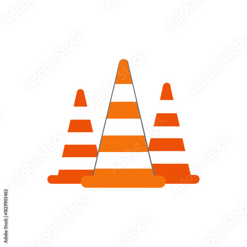 Three orange traffic cones arranged together closely on transparent background