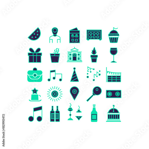 Assortment of celebration and party themed icons on transparent background