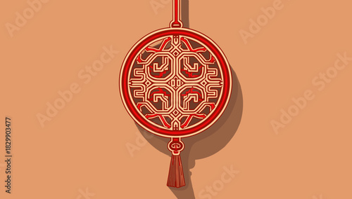 Red circular lucky knot ornament with intricate lines and tassel casting soft shadow for lunar new year