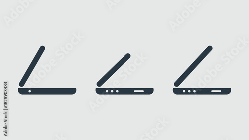 Three laptop computer icons in a row with screens slightly open on a light gray background in a simple style