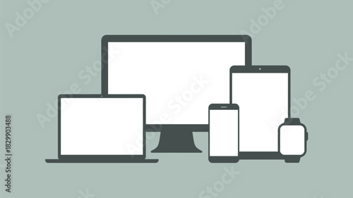 Illustration of electronic devices including a laptop monitor tablet smartphone and smartwatch on gray