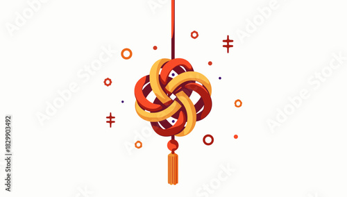 Golden and red swirling lucky knot ornament with playful surrounding symbols for lunar new year