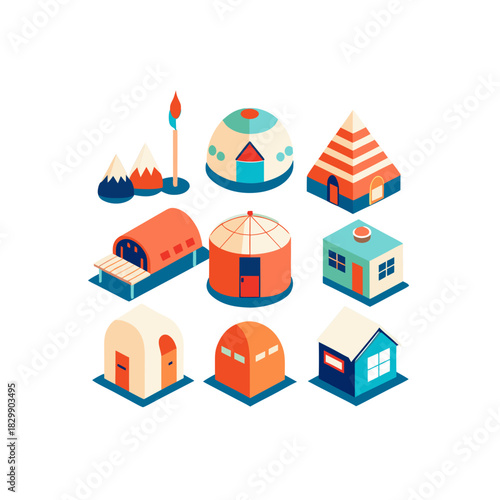 Isometric collection of unique building designs on transparent background