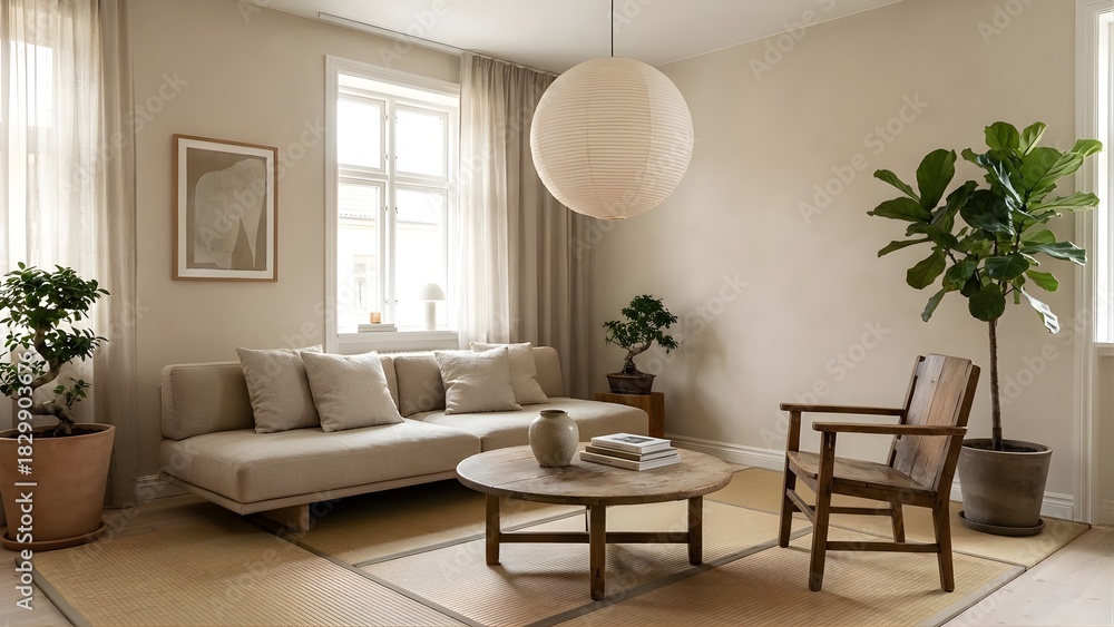 Fototapeta premium Minimalist living room interior featuring oversized rice paper pendant light and neutral decor