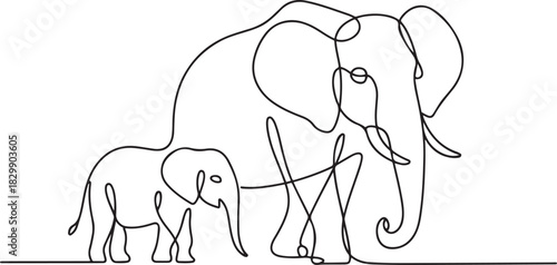 continuous line drawing of elephants wildlife vector illustration. one line Icon drawing