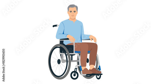 “Elderly man sitting in wheelchair, medical rehabilitation concept with mobility support equipment, disability care illustration showing senior patient assistance and accessible healthcare design”
 