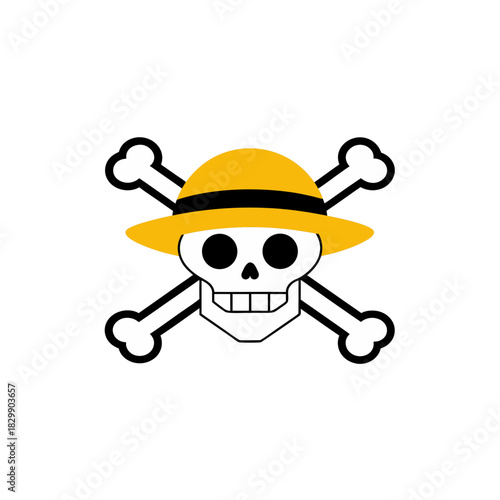 Skull with straw hat and crossbones illustration on transparent background