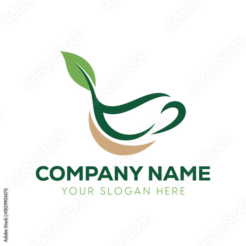 Abstract teacup logo design formed by elegant green flowing line ending in a leaf for herbal or organic tea brand