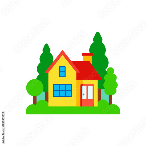 Illustration of a cute house with trees around it on transparent background
