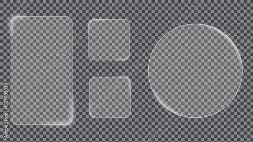 Liquid glass button interface, light frame banner set, glass panel set for mobile and web app, tech board frame in futuristic style. Light banner collection with glow effect, vector illustration.