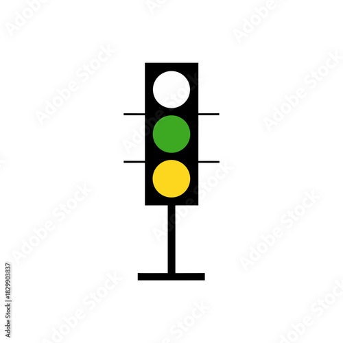 Traffic light with white green and yellow lights on transparent background