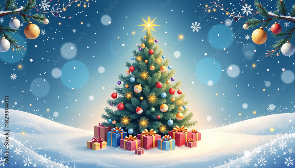 Obraz premium Decorative Christmas tree with presents and festive mood on snowy background