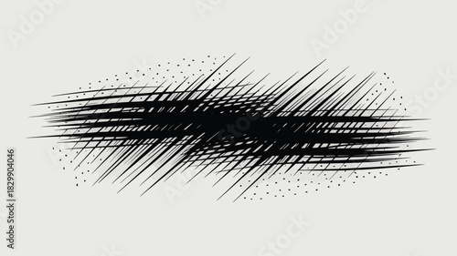 A black and white abstract illustration featuring intersecting lines and scattered dots on a light background