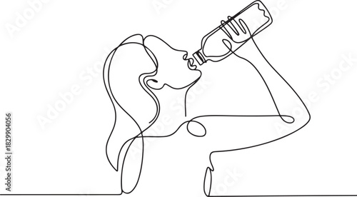 continuous line drawing of a woman drinking water from a bottle vector illustration. one line Icon drawing