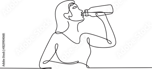 continuous line drawing of a woman drinking water from a bottle vector illustration. one line Icon drawing