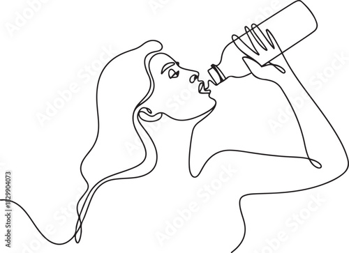 continuous line drawing of a woman drinking water from a bottle vector illustration. one line Icon drawing