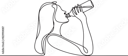 continuous line drawing of a woman drinking water from a bottle vector illustration. one line Icon drawing