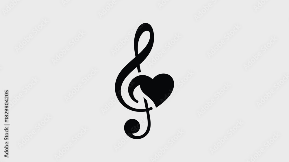 Obraz premium A black treble clef intertwined with a heart shape on a plain white background in a simple design