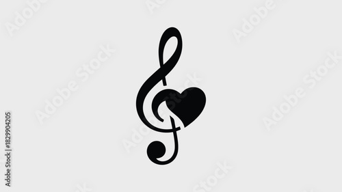 A black treble clef intertwined with a heart shape on a plain white background in a simple design