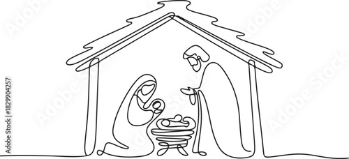 continuous line drawing of Jesus was born in a cottage. one line Icon drawing