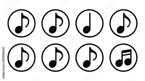 Eight black musical notes inside circles arranged in two rows on a white background graphic design