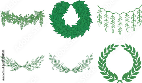 Set of six decorative green garlands isolated on transparent background, perfect for adding a touch of nature to designs