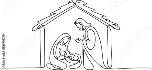 continuous line drawing of Jesus was born in a cottage. one line Icon drawing