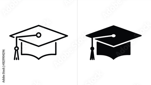 Two graduation cap icons one in outline and one in solid black on a white background side by side