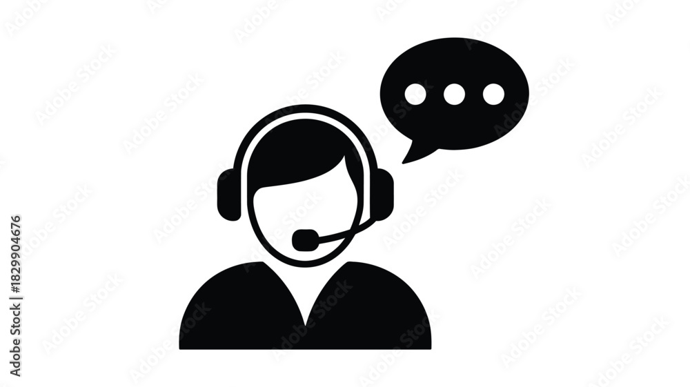 Naklejka premium A black and white icon of a customer service representative with a headset and a speech bubble above