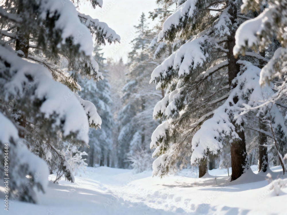 Obraz premium winter forest with snow-covered trees, soft natural light, serene atmosphere, clean composition, high-end landscape photography style
