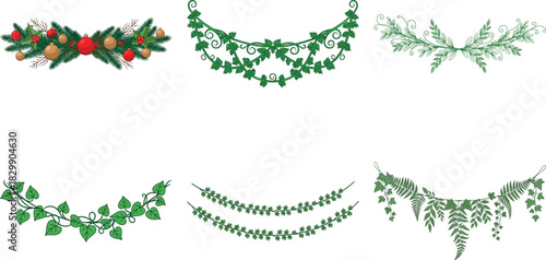 Set of six festive garlands isolated on transparent background, perfect for adding a touch of holiday cheer to any design