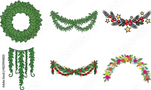 Collection of six decorative green garlands, perfect for adding a touch of nature to any design project isolated on transparent background