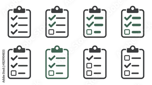Eight clipboards with checklists showing different states of completion in black and green colors
