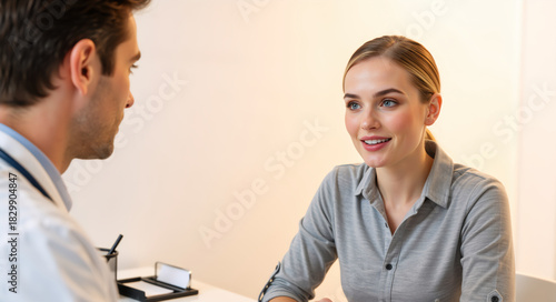 Wallpaper Mural Doctor and patient consultation in a medical office. Smiling woman listening to a physician during a checkup. Healthcare and medicine concept Torontodigital.ca