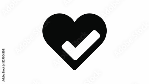 A black heart with a white check mark inside on a white background in a simple graphic design style
