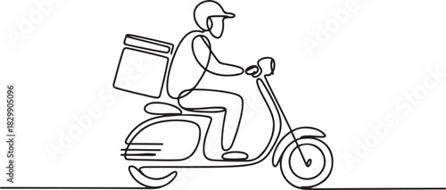 Continuous line art or One Line Drawing of Delivery Man Ride Scooter Motorcycle Cartoon Vector illustration. one line Icon drawing