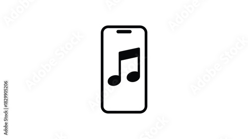 Black and white icon of a smartphone displaying a music note on its screen in a minimalist design style