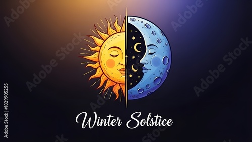 Winter solstice illustration of sun and moon with faces on dark background