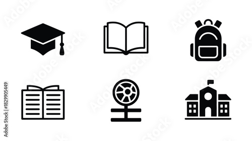 A collection of education icons including graduation cap book backpack school and science equipment shown