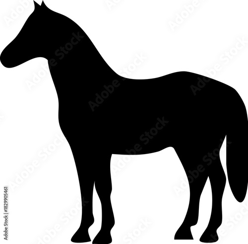 A black silhouette of a horse, standing proud and majestic against a plain background, with a simple, minimalist design.
