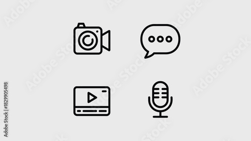 A collection of four outline icons representing video camera chat bubble video player and microphone arranged
